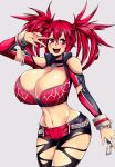  1girl ashley_(camui_kamui) breasts camui_kamui chains choker cleavage cross elbow_gloves gloves huge_breasts peace_symbol red_eyes red_hair short_shorts shorts solo tank_top torn_legwear wrist_cuffs 