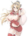  armpits bell belt blonde_hair blue_eyes breasts cleavage commentary_request cropped_jacket fur_trim headgear kantai_collection large_breasts long_hair midriff miniskirt mistletoe navel necktie nelson_(kantai_collection) sack santa_costume skirt solo thighhighs white_background zekkyon 