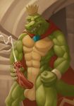  2018 4_fingers abs anthro balls bracelet cape claws clothing crown cum cum_on_penis detailed_background donkey_kong_(series) ejaculation erection front_view jewelry king_k_rool kittikary kremling male masturbation muscular muscular_male nintendo pecs penis reptile scalie sharp_teeth solo standing teeth video_games 