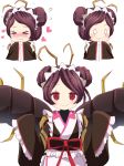  &gt;_&lt; agung_syaeful_anwar antennae apron blank_eyes blush bow commentary double_bun english_commentary entoma_vasilissa_zeta fangs flying_sweatdrops heart highres insect_girl japanese_clothes kimono maid maid_apron maid_headdress monster_girl multiple_views overlord_(maruyama) pink_bow purple_hair red_ribbon ribbon short_hair simple_background smile waist_apron white_apron white_background 