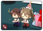  birthday_cake brown_hair cake commentary_request eating food gift hakama_skirt hat japanese_clothes kaga_(kantai_collection) kantai_collection long_hair minigirl multiple_girls party_hat rounded_corners side_ponytail sparkle taisa_(kari) twintails zuikaku_(kantai_collection) 