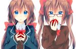  :o apple bangs blazer blue_eyes blue_jacket blush bow bowtie breasts brown_hair cardigan collared_shirt commentary_request food fruit glasses hair_between_eyes hair_bow hand_up holding holding_food holding_fruit jacket long_hair long_sleeves looking_at_viewer low_twintails medium_breasts multiple_girls open_clothes open_jacket open_mouth original parted_lips peke_(xoxopeke) red-framed_eyewear red_bow red_neckwear school_uniform shirt side-by-side sidelocks simple_background sleeves_past_wrists tareme twintails undershirt upper_body upper_teeth v-shaped_eyebrows white_background white_shirt wing_collar 