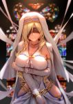  absurdres aduo blindfold blonde_hair breast_hold breasts cape choker cleavage detached_sleeves dress goblin_slayer! highres hip_vent hips jewelry large_breasts long_hair looking_at_viewer necklace no_panties sleeveless sleeveless_dress smile solo strapless strapless_dress sword_maiden 