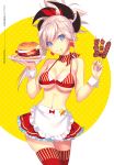  apron bikini blue_eyes breasts character_name cleavage commentary_request cowboy_shot earrings eating eyebrows_visible_through_hair fate/grand_order fate_(series) food hair_ornament hamburger holding holding_tray jewelry large_breasts looking_at_viewer miyamoto_musashi_(fate/grand_order) navel nishimura_eri pink_hair ponytail red_bikini red_scarf scarf shish_kebab skindentation smile solo star stomach swimsuit thighhighs tray waist_apron zettai_ryouiki 