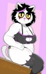  2018 5_fingers anthro belly big_breasts black_hair blush breasts cat cat_lingerie catti_(deltarune) claws clothing deltarune ear_piercing feline female fur hair half-closed_eyes highoncoffee lingerie looking_at_viewer makeup mammal multicolored_hair nipple_bulge overweight overweight_female piercing pink_background pink_hair pink_nose shiny simple_background sitting solo thick_thighs underwear video_games white_fur yellow_eyes 