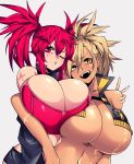  2girls ashley_(camui_kamui) blonde_hair breasts camui_kamui choker cleavage dark_skin huge_breasts multiple_girls open_clothes open_vest peace_symbol ponytail red_eyes red_hair scar scar_across_eye side-by-side smile tank_top twintails vecky_(camui_kamui) vest yellow_eyes 