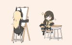  :&gt; bangs black_gloves black_jacket black_neckwear black_skirt blonde_hair blunt_bangs bottle brown_eyes brown_hair canvas_(object) chibi desk eyepatch ganesagi girls_frontline gloves grey_background hair_over_shoulder hairband holding jacket jitome long_hair long_sleeves m16a1_(girls_frontline) m4_sopmod_ii_(girls_frontline) multiple_girls necktie off_shoulder one_eye_covered paintbrush pleated_skirt pose shirt simple_background sitting skirt smile smug sparkle stool 