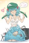  bandaid bandaid_on_arm bare_shoulders blue_hair bruise cable closed_eyes clothes_around_waist cucumber dirty dirty_clothes dirty_face food full_body gloves green_hat grin hair_bobbles hair_ornament hammer hat heart highres holding holding_food injury jacket_around_waist kawashiro_nitori kawayabug kneeling musical_note pocket radio_antenna screwdriver smile solo speech_bubble spoken_musical_note sweat tank_top touhou white_tank_top wrench 