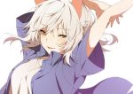  animal_ears arms_behind_head arms_up black_hanekawa blue_shirt breasts cat_ears commentary_request eyebrows_visible_through_hair hanekawa_tsubasa large_breasts looking_at_viewer monogatari_(series) ntend open_mouth shirt short_hair silver_hair slit_pupils smile solo yellow_eyes 