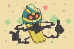  black_eyes cofagrigus coffin extra_arms full_body gen_5_pokemon ghost grin hands_together hands_up happy heart looking_to_the_side no_humans pointing pokemon pokemon_(creature) red_sclera sharp_teeth shiwo_(siwosi) smile solo teeth 
