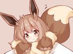  :3 animal_ears bangs blush brown_background brown_eyes brown_hair closed_mouth eevee eyebrows_visible_through_hair fur hair_between_eyes head_tilt highres long_sleeves looking_at_viewer personification pokemon pokemon_(game) pokemon_lgpe puffy_long_sleeves puffy_sleeves scarlet_dango simple_background sleeves_past_wrists solo tail_raised 