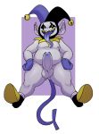  2018 artbyyellowdog balls clothed clothing cum cum_on_penis deltarune erection footwear gloves hat headgear humanoid imp jevil_(deltarune) legwear long_tongue looking_at_viewer nipples not_furry nude open_mouth penis pointy_ears precum presenting presenting_penis sharp_teeth shoes slightly_chubby smile socks solo standing teeth thick_thighs tongue tongue_out uncut video_games yellow_eyes 
