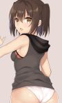  :o armpit_crease ass back bare_shoulders breasts brown_eyes brown_hair commentary_request cowboy_shot from_behind grey_background hand_up hood hood_down hooded_sweater hoodie kantai_collection looking_at_viewer looking_back no_pants open_mouth panties sendai_(kantai_collection) short_hair simple_background small_breasts solo sweater sweater_vest two_side_up underwear v-shaped_eyebrows white_panties yuzuttan 