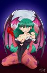  2018 4_fingers armwear blood breasts camel_toe claws cleavage clothed clothing darkstalkers elbow_gloves eyebrows eyelashes female gloves green_eyes green_hair hair hand_behind_back humanoid kneeling leggings legwear leotard long_hair looking_at_viewer mammal membranous_wings moon morrigan_aensland night nipple_bulge pale_skin poethewondercat portrait smile solo star succubus teeth tight_clothing video_games winged_humanoid wings 