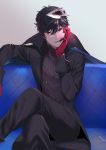  1boy :d amamiya_ren black_coat black_hair black_pants coat commentary_request couch crossed_legs gloves grey_background hair_between_eyes looking_at_viewer male_focus mask mask_on_head mn open_mouth pants persona persona_5 red_eyes red_gloves simple_background sitting smile solo 