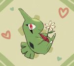  flower full_body gen_2_pokemon happy heart holding holding_flower horn larvitar looking_at_viewer no_humans pokemon pokemon_(creature) red_eyes shiwo_(siwosi) smile solo white_flower 