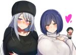  blue_hair blush breasts brown_hair commentary_request earrings heart higuchi_kaede hoop_earrings jewelry large_breasts looking_at_viewer mole mole_under_eye multiple_girls nijisanji nuezou purple_eyes ribbed_sweater shizuka_rin short_hair silver_hair simple_background smile sweater white_background 