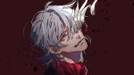  antonio_salieri_(fate/grand_order) fate/grand_order fate_(series) grey_hair hair_between_eyes head_tilt looking_at_viewer male_focus one_eye_covered parted_lips portrait red_background red_eyes red_scarf scarf solo tenobe 