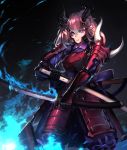  armor black_sclera burning demon_girl demon_horns fixro2n hand_on_hilt highres holding holding_weapon horns japanese_armor katana looking_at_viewer mismatched_sclera original parted_lips pink_hair pointy_ears purple_eyes solo sword weapon 