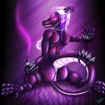  2018 alcohol anthro anus areola beverage breasts butt claws collar digital_media_(artwork) ear_piercing fatchaos female glowing glowing_eyes glowing_slit hair leaking lizard looking_at_viewer nipple_piercing nipples non-mammal_breasts nude piercing pussy pussy_juice reptile scalie side_boob simple_background smile solo spikes teeth toes zafirah 