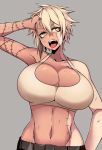  1girl blonde_hair breasts camui_kamui cleavage hair hair_beween_eyes hand_on_head huge_breasts open_mouth short_hair solo stitches tank_top vecky_(camui_kamui) yellow_eyes 