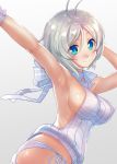  antenna_hair armpits arms_up bare_shoulders blue_eyes blush breasts commentary_request dennou_shoujo_youtuber_shiro large_breasts looking_at_viewer meme_attire panties sasayuki shiro_(dennou_shoujo_youtuber_shiro) short_hair side-tie_panties sideboob silver_hair skirt sleeveless smile solo underwear virgin_killer_sweater 