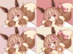  :3 :d animal_ears bangs blush bow brown_background brown_eyes brown_hair check_commentary closed_mouth commentary commentary_request eevee eyebrows_visible_through_hair fur glasses hair_between_eyes hair_bow head_tilt highres long_sleeves looking_at_viewer open_mouth personification pokemon pokemon_(game) pokemon_lgpe polka_dot polka_dot_bow puffy_long_sleeves puffy_sleeves red-framed_eyewear scarlet_dango semi-rimless_eyewear sleeves_past_wrists smile tail tail_bow tail_raised under-rim_eyewear 