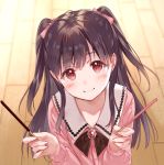  black_bow blush bow bowtie brown_hair collarbone fukahire_(ruinon) hair_bow head_tilt holding long_hair looking_at_viewer original pink_bow pink_cardigan pocky_day red_eyes sailor_collar smile solo twintails upper_body white_sailor_collar wooden_floor 