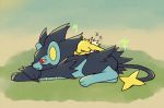  electricity fang full_body gen_1_pokemon gen_4_pokemon half-closed_eyes jolteon looking_back luxray lying no_humans on_stomach pokemon pokemon_(creature) red_sclera shiwo_(siwosi) sleeping yellow_eyes zzz 