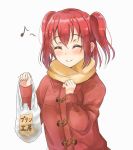  ^_^ bag bangs blush brown_scarf closed_eyes closed_mouth coat commentary_request duffel_coat eighth_note eyebrows_visible_through_hair facing_viewer hair_between_eyes holding holding_bag kurosawa_ruby long_hair love_live! love_live!_sunshine!! musical_note plastic_bag red_coat red_hair scarf shopping_bag simple_background sin_(sin52y) smile solo two_side_up upper_body white_background 