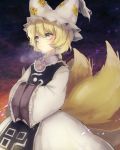  absurdres blonde_hair commentary_request dress expressionless fox_tail frilled_sleeves frills hands_in_opposite_sleeves hat highres long_sleeves multiple_tails ofuda pillow_hat sakuratsuki short_hair silver_eyes tabard tail touhou white_dress yakumo_ran 