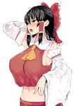  armpits ascot asuzemu bangs black_hair blush bow breasts brown_eyes crop_top crop_top_overhang detached_sleeves frilled_shirt_collar frills hair_tubes hakurei_reimu hand_on_head highres huge_breasts large_breasts long_hair looking_to_the_side messy_hair navel nontraditional_miko open_mouth red_ribbon red_shirt ribbon shirt sideboob sleeveless sleeveless_shirt solo touhou white_background 