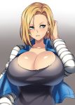  1girl android_18 blonde_hair blue_eyes breasts camui_kamui cleavage dragon_ball dragonball_z earrings hand_on_head huge_breasts jewelry short_hair solo striped_sleeves 
