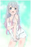  blue_eyes blush collarbone cowboy_shot eromanga_sensei flat_chest gradient_hair highres izumi_sagiri long_hair multicolored_hair naked_towel open_mouth pink_hair pink_x print_towel shiny shiny_hair shiny_skin silver_hair solo standing towel towel_tug two-tone_hair white_towel 