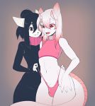  anthro black_hair bulge clothing dragon feline fingernails flat_chested fur girly hair hi_res horn long_hair male male/male mammal mercy_(suelix) midriff open_mouth panties pink_hair red_eyes reno scales scalie suelix sweater underwear white_fur 
