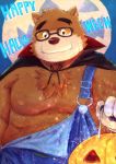  2018 anthro bear belly brown_fur clothing english_text eyewear fur glasses gloves halloween holidays humanoid_hands male mammal moobs night nipples overalls overweight overweight_male simple_background solo text tokyo_afterschool_summoners volos yakiniku 
