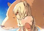  animal_ears bangs bear bear_ears blonde_hair closed_mouth commentary day english_commentary enpera eyebrows_visible_through_hair from_side fur_trim keishin long_hair original outdoors polar_bear profile red_eyes scarf solo 