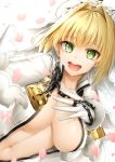  blonde_hair bodysuit breasts chain commentary_request eyebrows_visible_through_hair fate/grand_order fate_(series) gloves green_eyes kitagawa_onitarou large_breasts looking_at_viewer nero_claudius_(bride)_(fate) nero_claudius_(fate)_(all) open_mouth solo white_bodysuit white_gloves zipper 