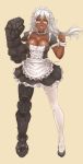  apron breasts choker cleavage clenched_hands cyborg dark_skin fang frilled_choker frills full_body glasses hair_between_eyes highres kuon_(kwonchanji) large_breasts long_hair low-tied_long_hair maid maid_headdress mechanical_arm mechanical_leg open_mouth original power_fist puffy_short_sleeves puffy_sleeves rimless_eyewear shiny shiny_skin short_eyebrows short_sleeves signature silver_hair simple_background single_thighhigh solo standing thighhighs waist_apron white_legwear wrist_cuffs yellow_background 