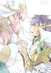  1girl armor blue_eyes brother_and_sister commentary_request dated earrings feather_trim fire_emblem fire_emblem_heroes from_side fur_trim gunnthra_(fire_emblem) hair_ornament holding_hands hrid_(fire_emblem_heroes) jewelry long_hair long_sleeves parted_lips pink_hair purple_hair short_hair shoulder_armor siblings simple_background spiked_hair veil white_background yugyouji_tama 