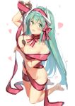  absurdres aqua_hair arm_under_breasts bangs bare_shoulders blush bow breast_hold breasts chocolate chocolate_heart collarbone commentary_request dragon_horns fate/grand_order fate_(series) feet green_eyes hair_between_eyes hairband hand_up heart highres hips horns kiyohime_(fate/grand_order) kneeling large_breasts legs long_hair looking_at_viewer naked_ribbon navel open_mouth pink_ribbon pouring ribbon simple_background smile solo thighs white_background xkirara39x 