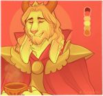  asgore_dreemurr beard boss_monster caprine color_swatch cup delta_rune elennumen facial_hair fangs horn long_ears male mammal restricted_palette solo tea_cup undertale video_games 