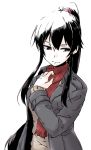  alternate_costume bangs black_hair casual closed_mouth coat grey_coat kantai_collection long_hair ponytail red_eyes red_scarf rindou_(rindou_annon) scarf sidelocks simple_background solo sweater white_background yahagi_(kantai_collection) 