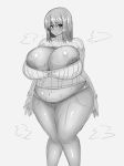  1girl areola_slip areolae blush breasts bursting_breasts cleavage cleavage_cutout fat huge_breasts large_areolae looking_at_viewer meme_attire open-chest_sweater original plump smile solo standing sweat sweater tensai427 thick_thighs thighs wide_hips 