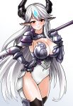  black_legwear blush breasts covered_navel epic7 gauntlets hand_on_hip holding holding_polearm holding_weapon horns large_breasts leotard long_hair looking_at_viewer luna_(epic7) pointy_ears polearm red_eyes simple_background smile solo standing thighhighs very_long_hair weapon white_hair white_leotard yong-gok 