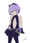  :o animal_ears arm_support bandaged_leg bandages bangs bare_shoulders belt belt_pouch black_belt black_gloves black_hairband black_legwear black_leotard breasts center_opening chestnut_mouth covered_collarbone dark_skin eyebrows_visible_through_hair fake_animal_ears fate/grand_order fate/prototype fate/prototype:_fragments_of_blue_and_silver fate_(series) feet_out_of_frame flower gloves groin hairband halterneck hassan_of_serenity_(fate) head_tilt highleg highleg_leotard leggings legs_together leotard looking_at_viewer loose_belt navel parted_bangs parted_lips pouch purple_eyes purple_flower purple_hair short_hair_with_long_locks sidelocks signature simple_background sitting small_breasts solo tsukigi turtleneck white_background 