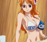  1girl aliasing animated animated_gif ball bikini breasts cleavage female flower large_breasts long_hair lowres nami_(one_piece) one_piece shiny shiny_skin sitting smile swimsuit 