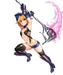  1girl blonde_hair boots breasts curvy female gloves jumping lebe_safree_(taimanin_asagi) lilith-soft looking_at_viewer nipples no_bra partially_visible_vulva scythe shiny shiny_skin short_hair short_shorts shorts simple_background small_breasts smile solo taimanin_(series) taimanin_asagi_battle_arena weapon white_background yellow_eyes zol 