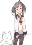  :3 absurdres anchor arms_at_sides bangs black_hair black_legwear closed_mouth co_botan commentary_request dog dog_request feet_out_of_frame grey_hair head_tilt headgear highres kantai_collection light_blush long_sleeves multicolored_hair navy_blue_sailor_collar neckerchief pantyhose sailor_collar short_eyebrows short_hair_with_long_locks short_twintails sidelocks simple_background single_horizontal_stripe sleeve_cuffs sleeves_past_wrists smile solo standing thighband_pantyhose tokitsukaze_(kantai_collection) twintails two-tone_hair white_background yellow_neckwear 