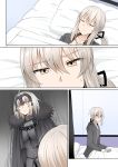  ahoge armor armored_dress artoria_pendragon_(all) bangs bed blanket breasts cape comic commentary dark_background dress eyebrows_visible_through_hair fate/grand_order fate_(series) fur_trim ginhaha hair_ribbon headpiece indoors jeanne_d'arc_(alter)_(fate) jeanne_d'arc_(fate)_(all) large_breasts long_hair multiple_girls pillow ribbon saber_alter short_hair silent_comic silver_hair standing sweatdrop waking_up yellow_eyes 